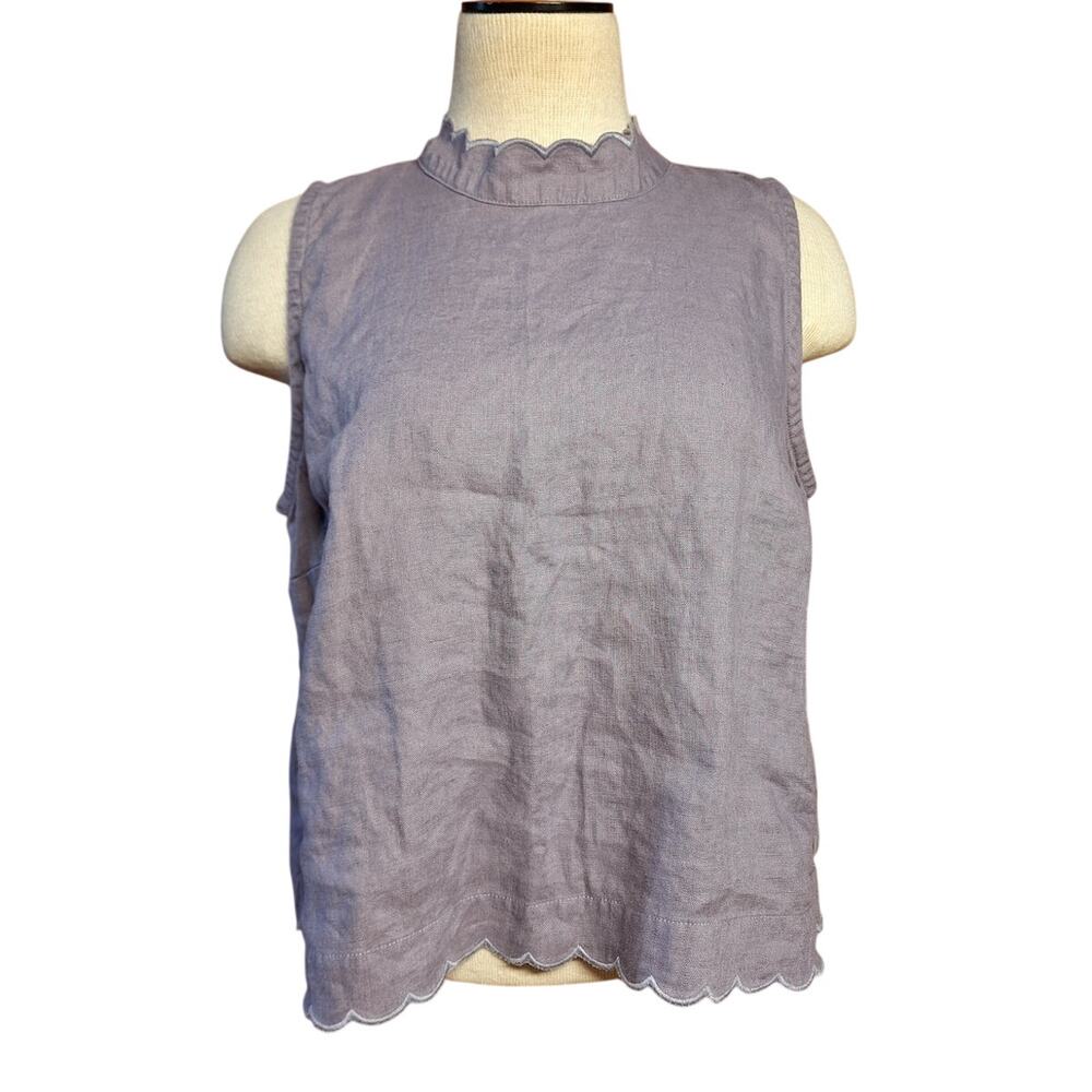 Garnet Hill Coastline linen top plum/grey scalloped trim sleeveless highneck top